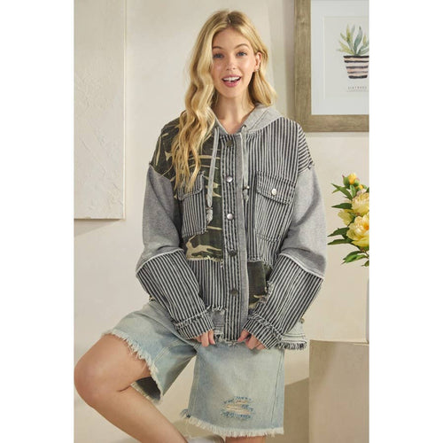 Oli & Hali Mixed Fabric  Hooded Button Down Jacket