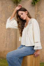 Load image into Gallery viewer, TEXTURED STRIPE LACE TRIM PLEATED BUTTON DOWN TOP