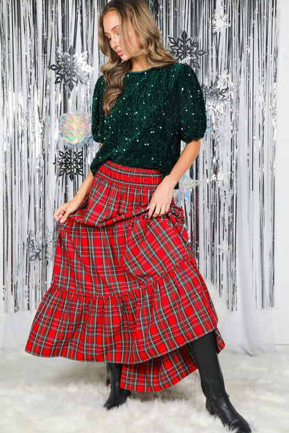 Feelin’ Festive Flowy Plaid Tiered Maxi Skirt