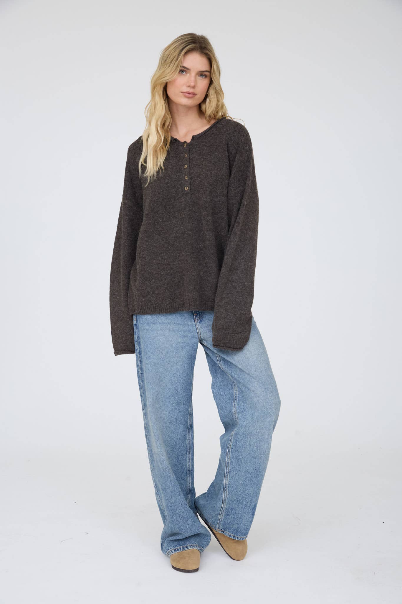 RAW ROLLED EDGE HENLEY RELAXED PULLOVER SWEATER