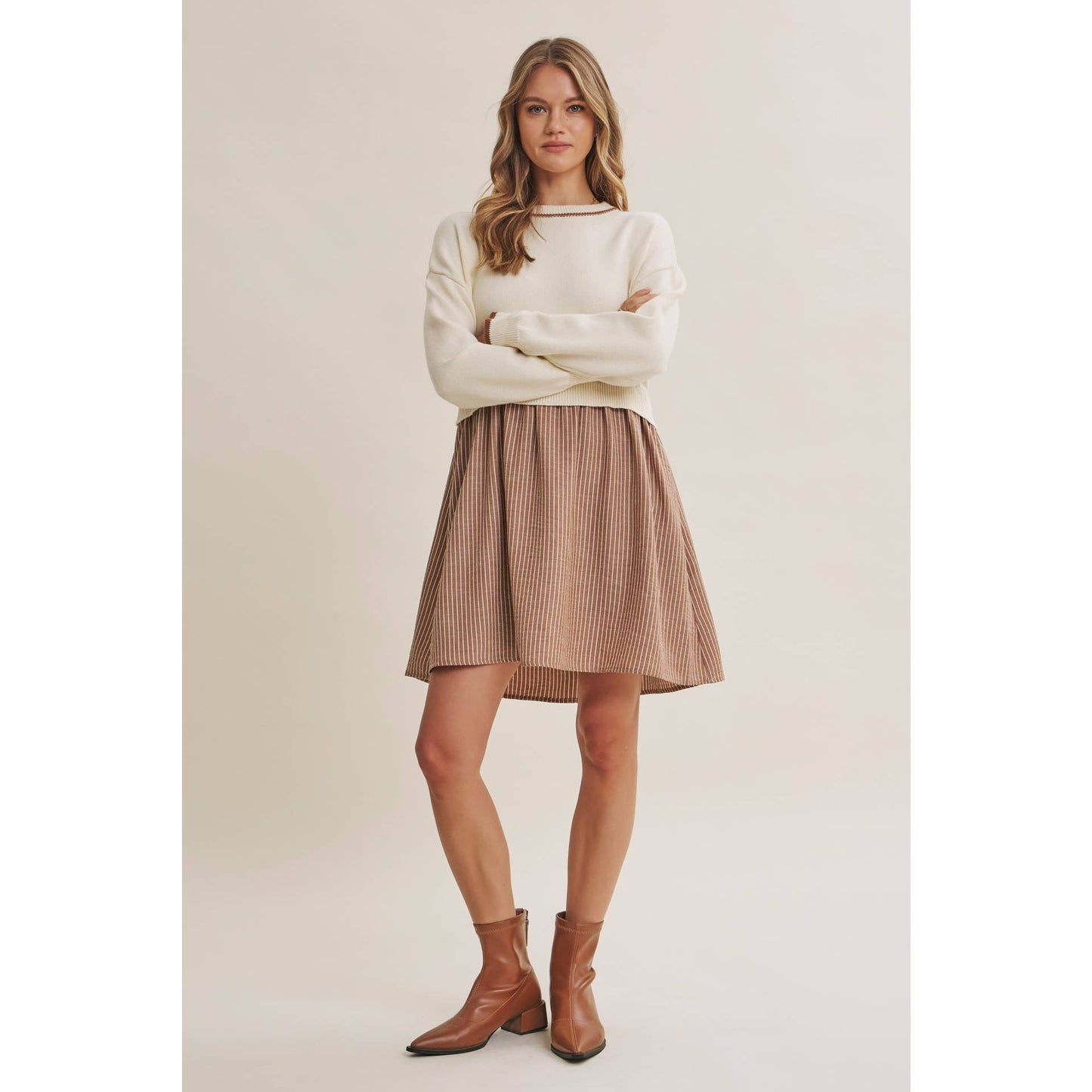 GOLDEN FIELDS LAYERED CONTRAST TWOFER STRIPE MINI DRESS