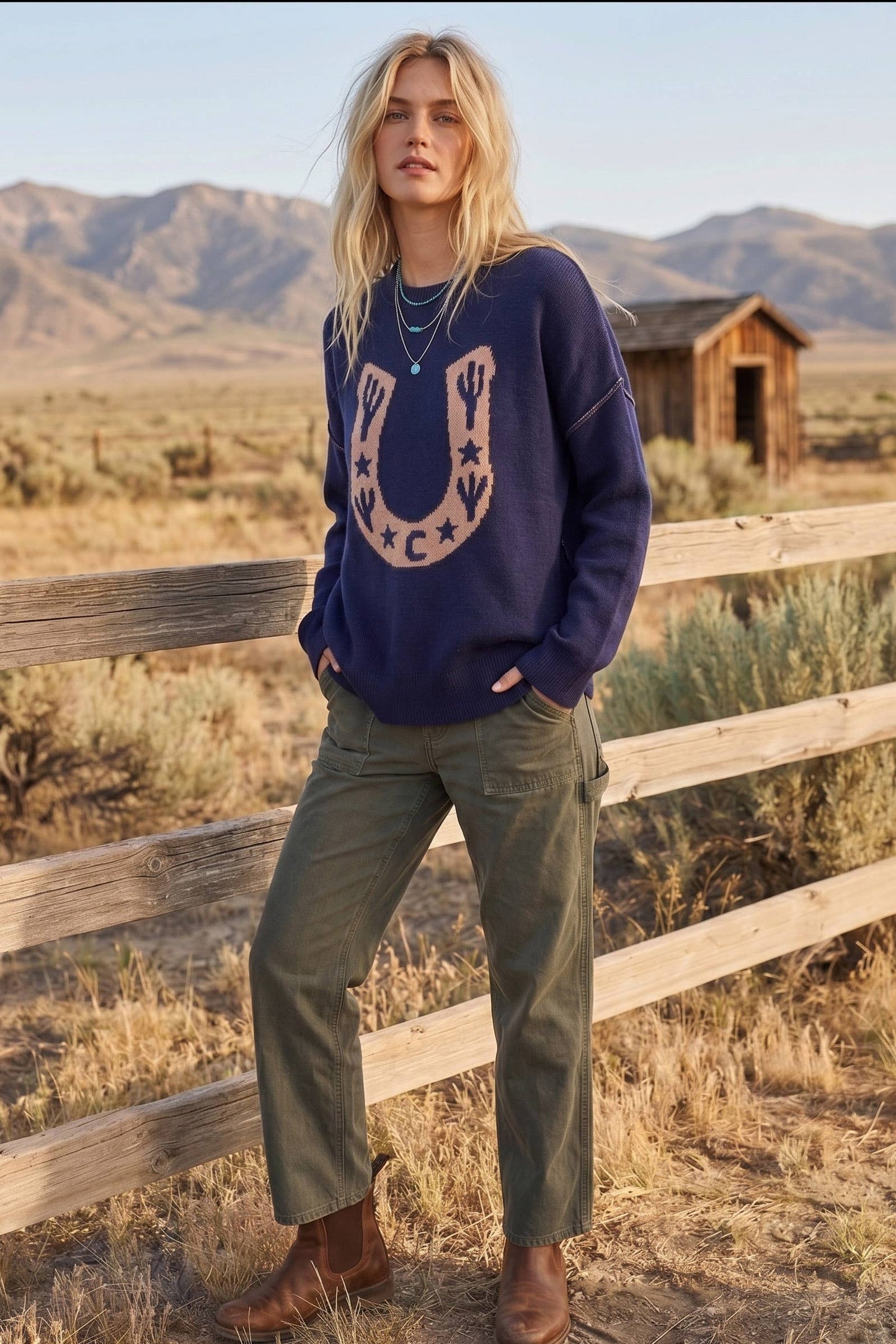 Western Horseshoe Cactus Knit Sweater