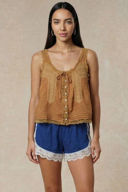 IT2442 | Bow Tie Front Lace Trimmed Tank Top: CAMEL / S-M-L (2-2-2)
