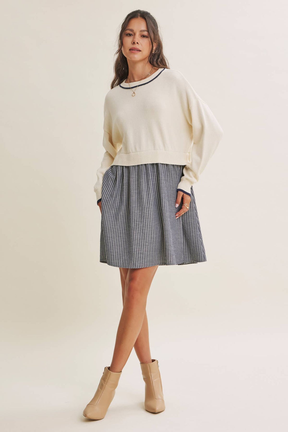 GOLDEN FIELDS LAYERED CONTRAST TWOFER STRIPE MINI DRESS