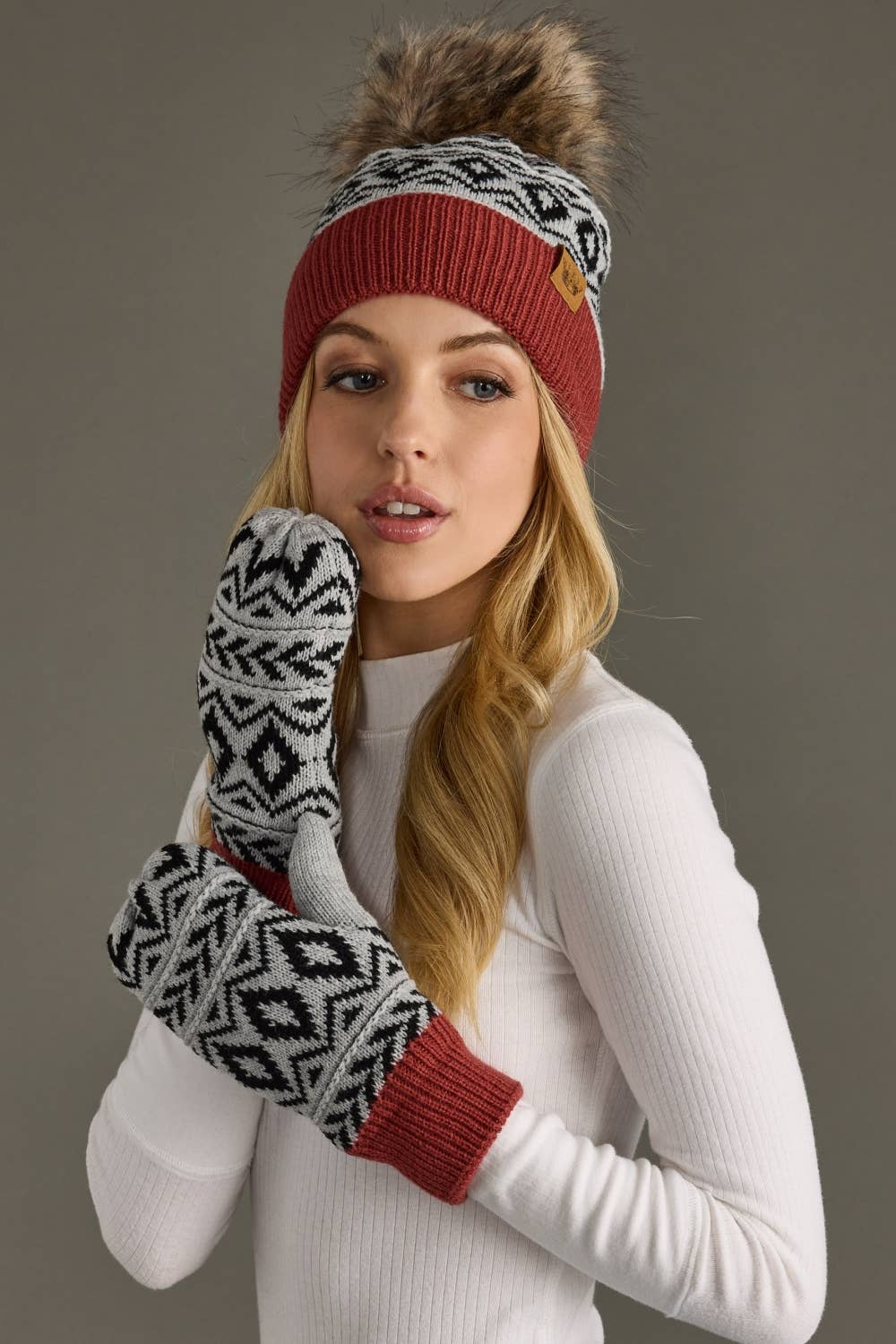 Gray, Black & Rust Pattern Pom Hat