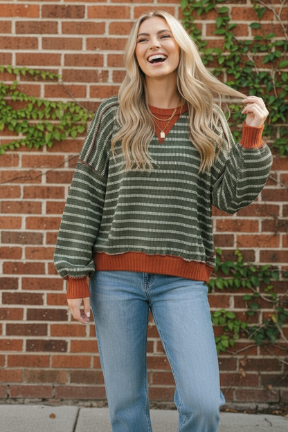 Crew Neck Stripe Pullover Knit Top