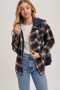 Wrapped in Warmth Button Down Contrast Hooded Plaid Jacket/Shacket