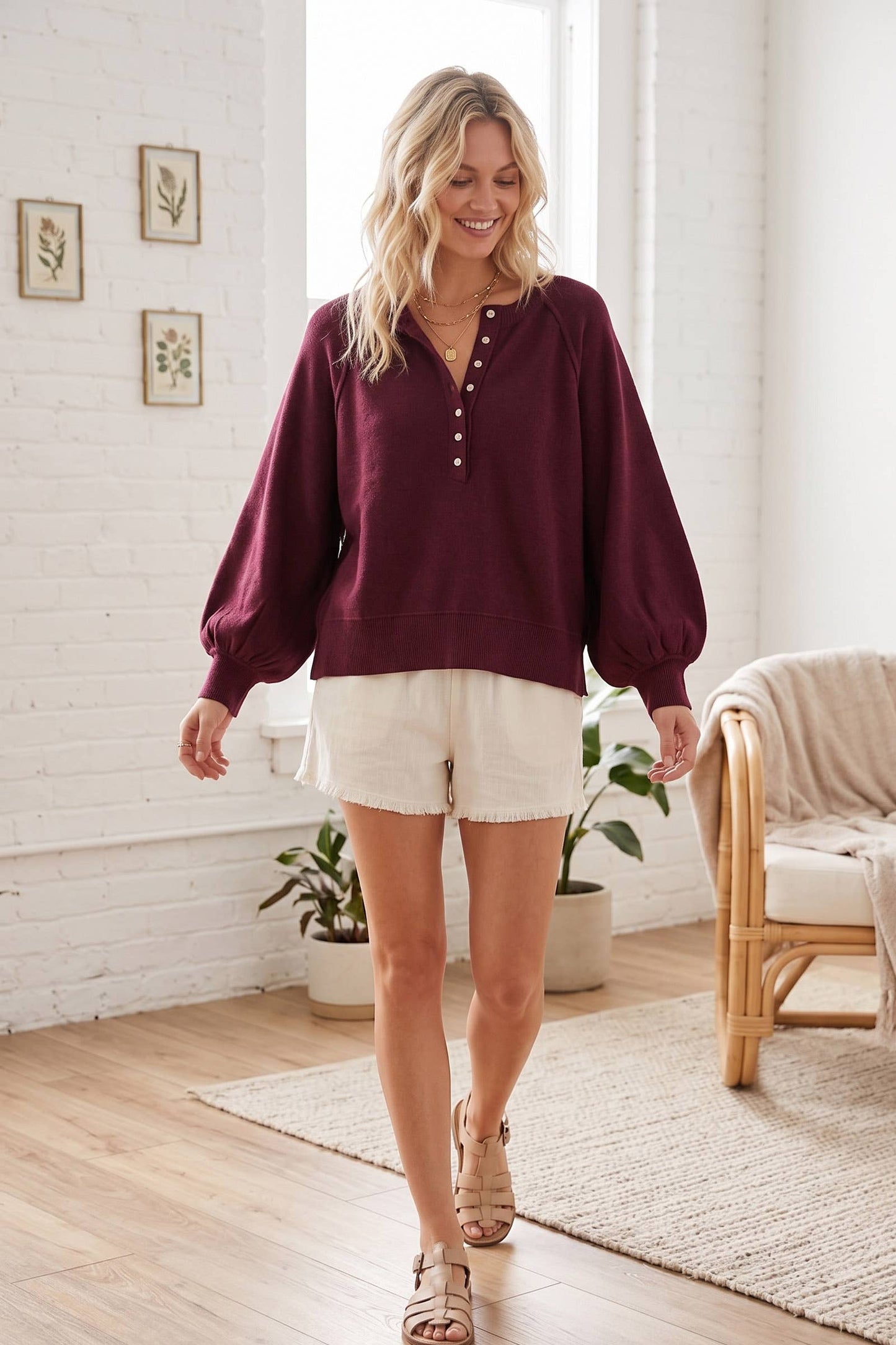 Sunday Social Henley Balloon Sleeve Sweater