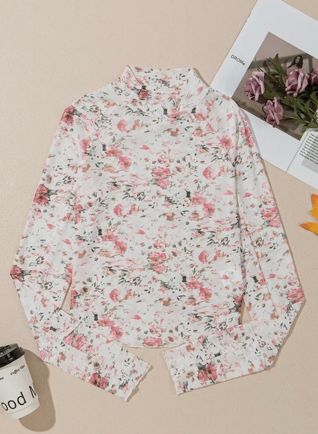 Pink Floral Long Sleeve Mesh Top
