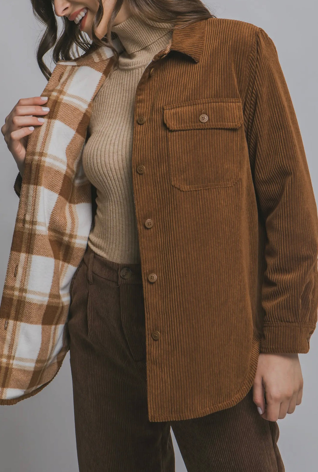 Flip Side Favorite Reversible Corduroy & Plaid Flannel Shacket