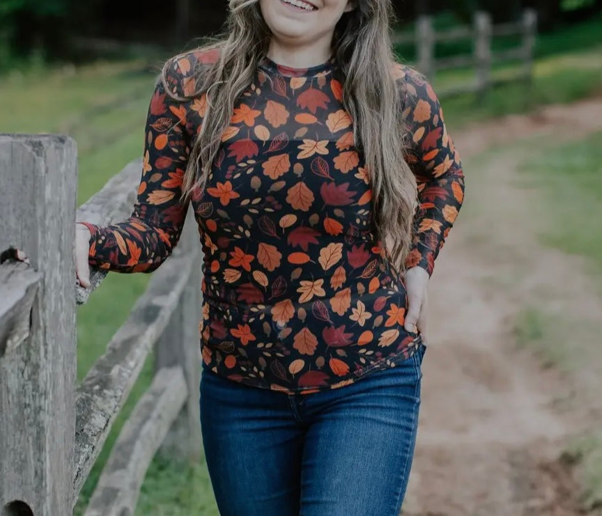 Fall Leaves Long Sleeve Mesh Top