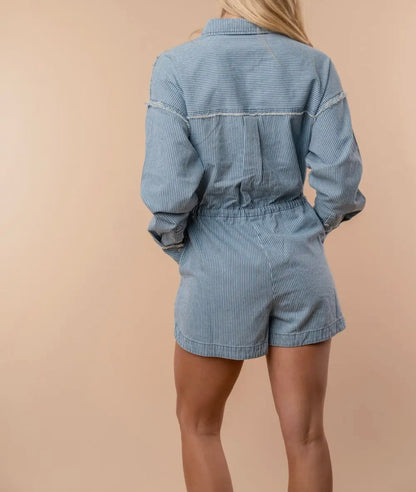 Darling in Denim Long Sleeve Striped Denim Romper