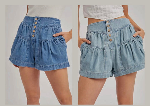 Wild West Denim Pleated Flare Shorts