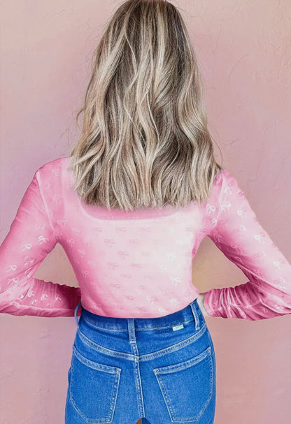 Peek a Bow Mesh Long Sleeve Top