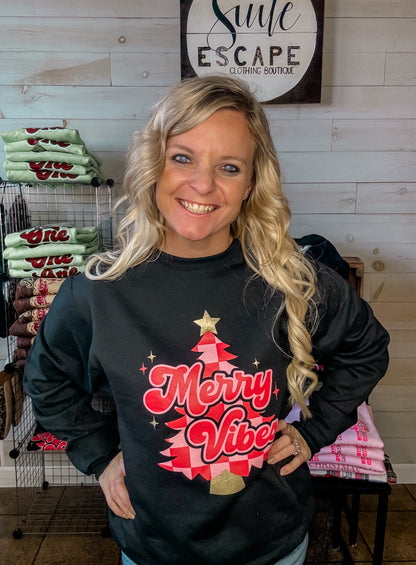 Pink Checkered Merry Vibes Crewneck Sweatshirt