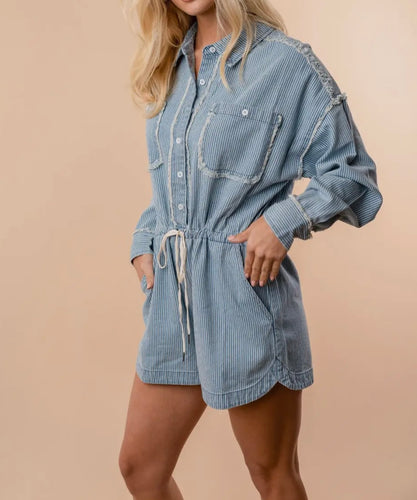 Darling in Denim Long Sleeve Striped Denim Romper