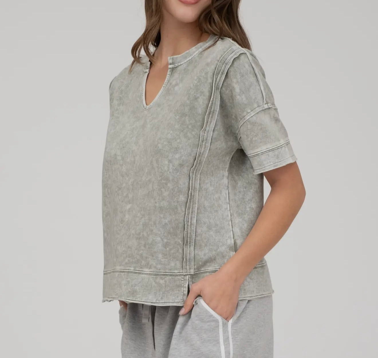 Fun and Games Mineral Washed Split Neck Top