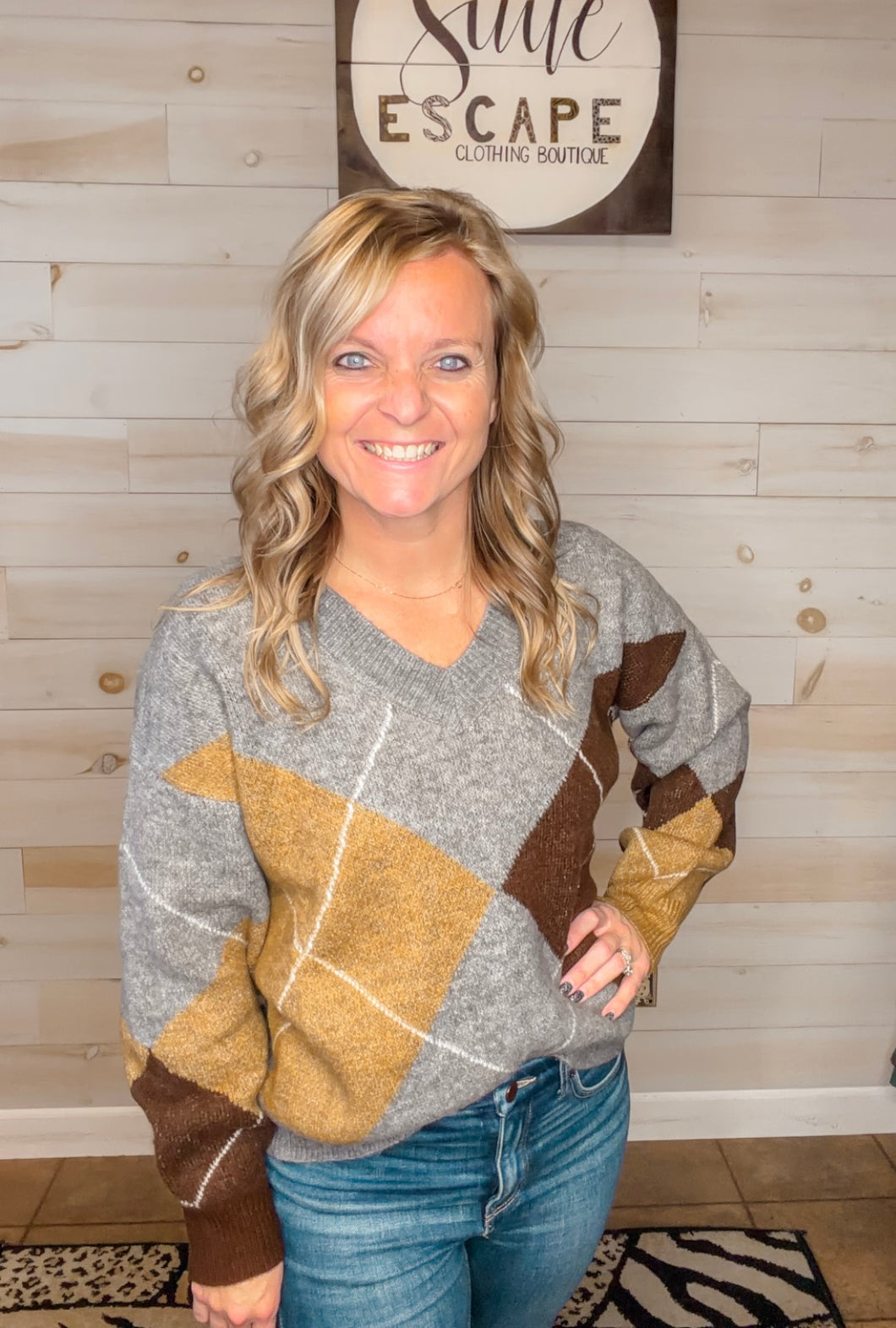 Cross My Path Argyle V Neck Long Sleeve Pullover Sweater