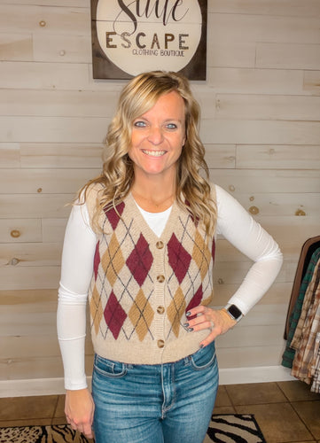 Plaid & Proper Argyle Pattern  Button Down Knit Cardigan Vest
