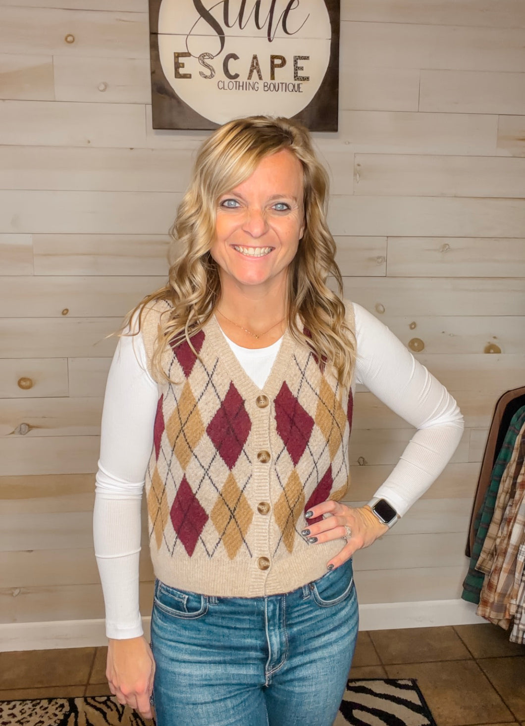 Plaid & Proper Argyle Pattern  Button Down Knit Cardigan Vest