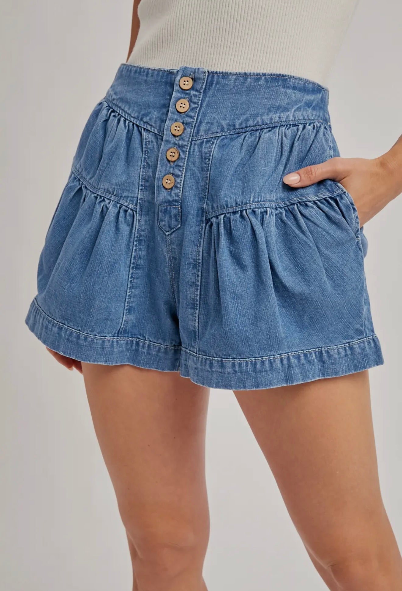 Wild West Denim Pleated Flare Shorts