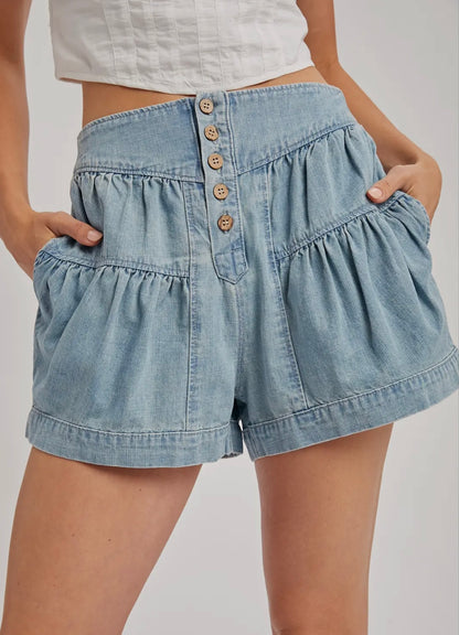 Wild West Denim Pleated Flare Shorts