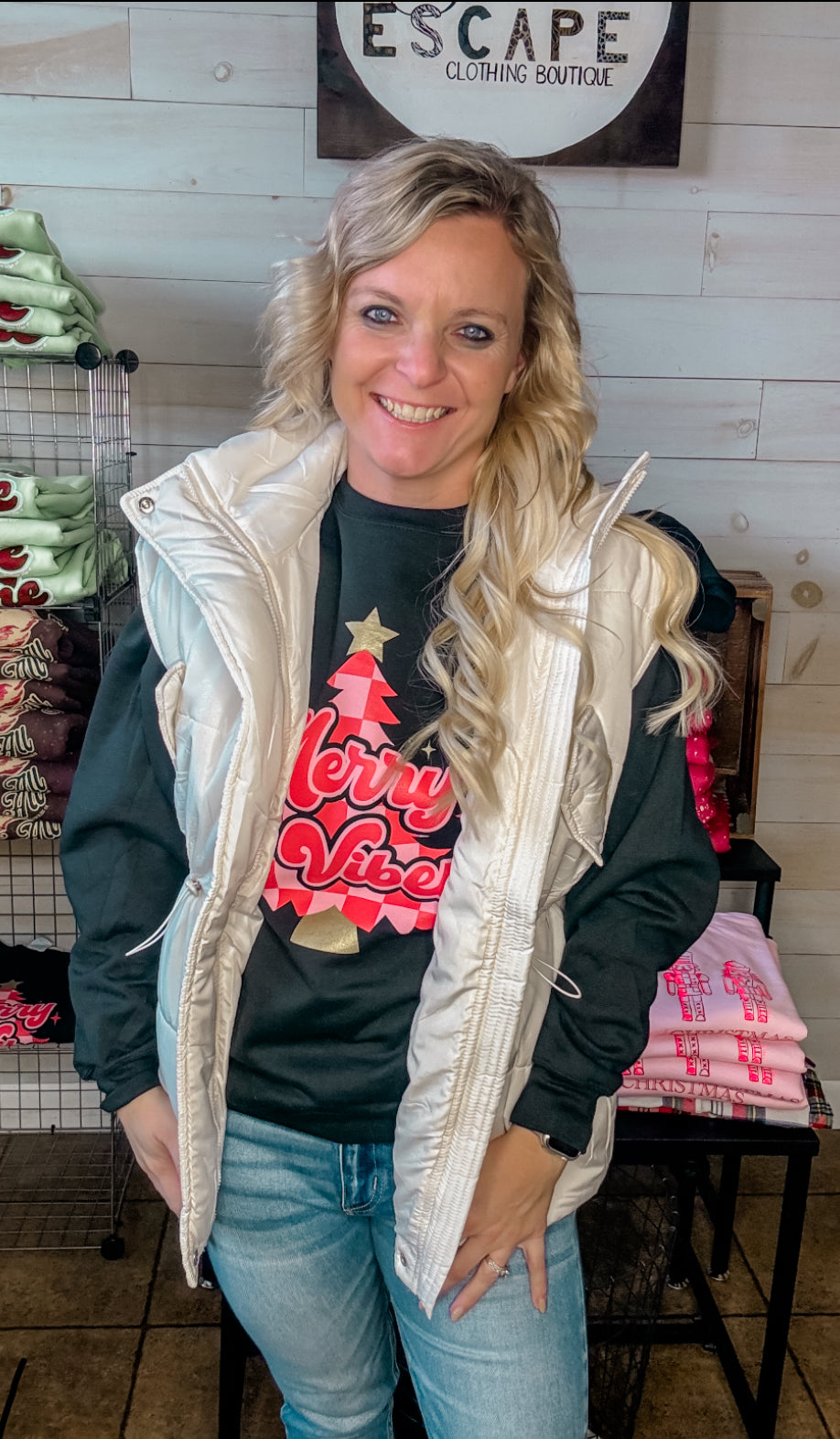 Pink Checkered Merry Vibes Crewneck Sweatshirt