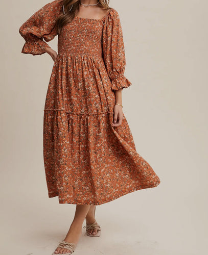 Fall Tiered Floral Midi Dress