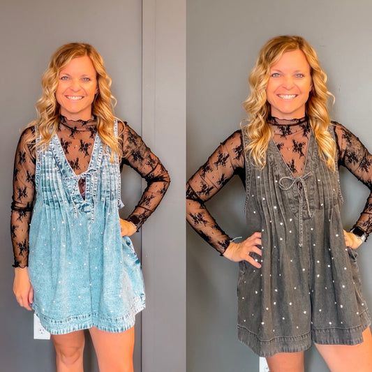 Rodeo Charm Pleated Rhinestone Denim Romper