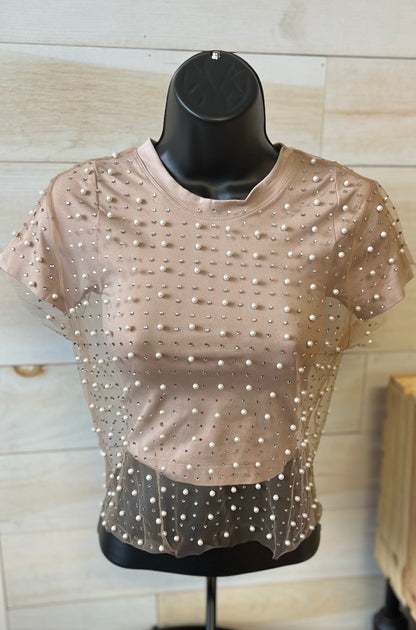 Festival Life Pearl & Rhinestone Mesh Short Sleeve Top