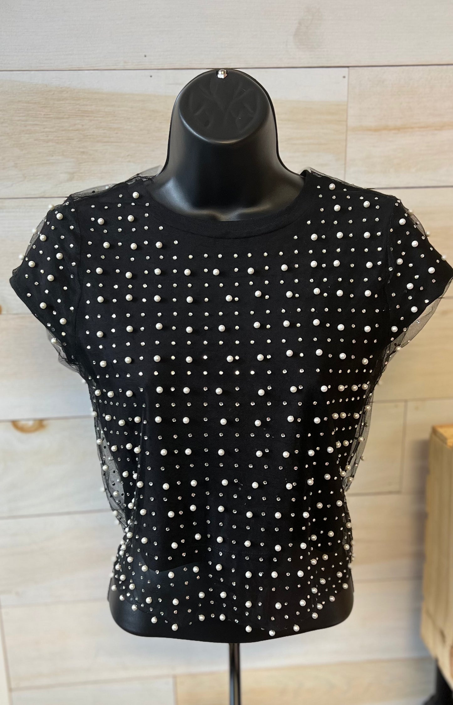 Festival Life Pearl & Rhinestone Mesh Short Sleeve Top