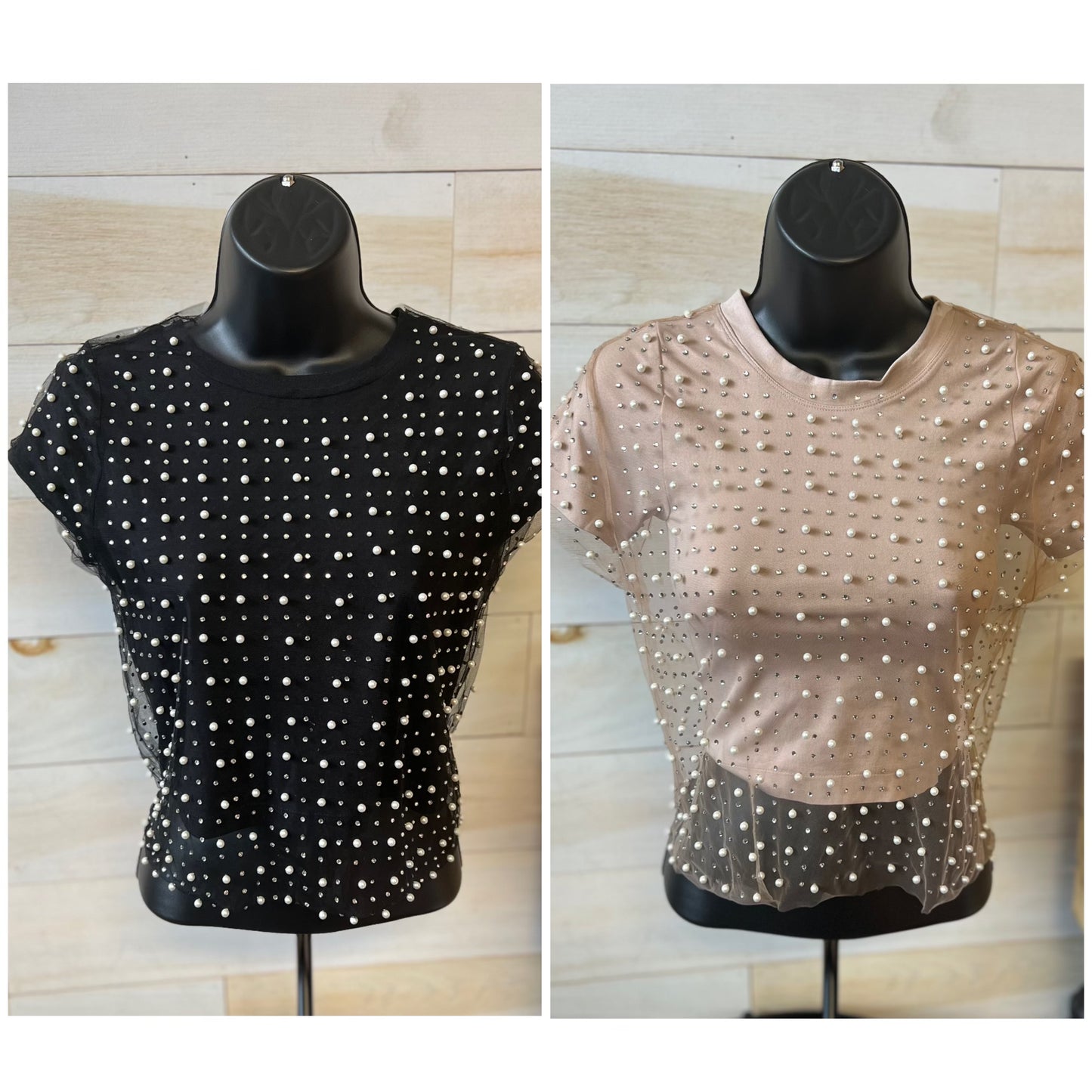 Festival Life Pearl & Rhinestone Mesh Short Sleeve Top