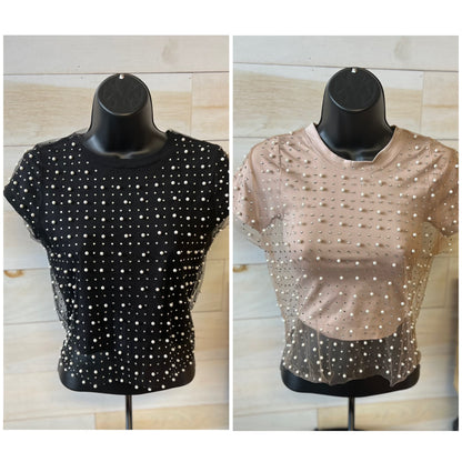 Festival Life Pearl & Rhinestone Mesh Short Sleeve Top