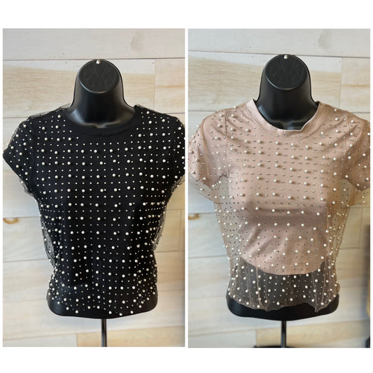 Festival Life Pearl & Rhinestone Mesh Short Sleeve Top