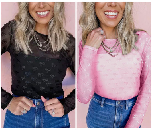 Peek a Bow Mesh Long Sleeve Top