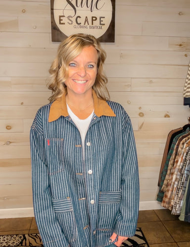 STRIPE CORDUROY COLLAR DENIM SHACKET