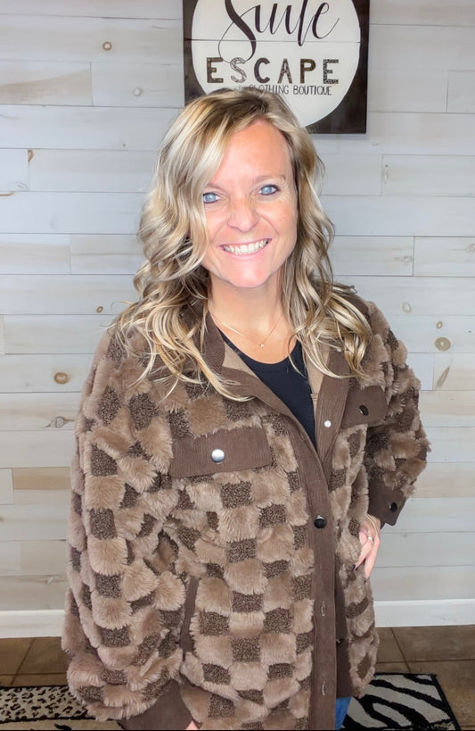 Snuggle Bug Checkered Faux Shearling Button Down Shacket