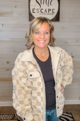 Snuggle Bug Checkered Faux Shearling Button Down Shacket