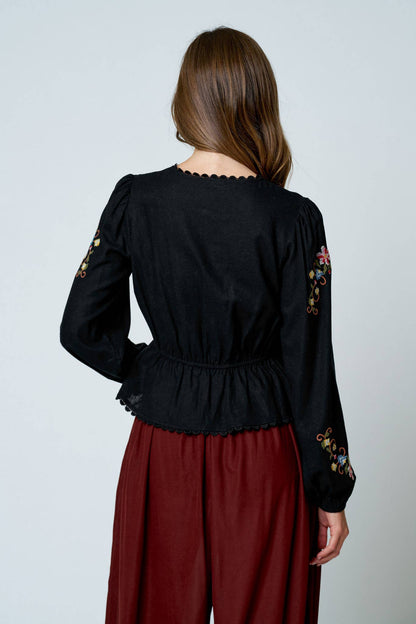 FLORAL EMBROIDERY CROCHET LACE TRIM FRONT TIE TOP