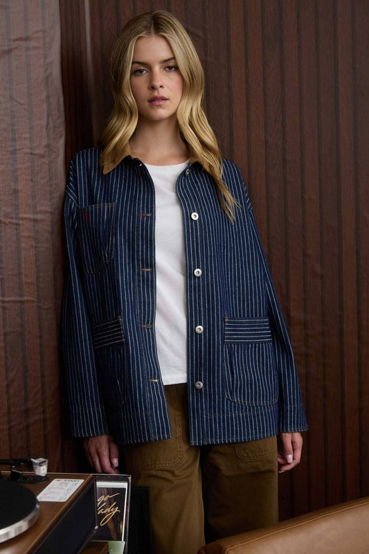 STRIPE CORDUROY COLLAR DENIM SHACKET
