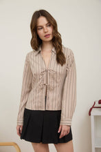 Load image into Gallery viewer, Pulling Strings Striped Collared Long Sleeve Front Tie Shirt