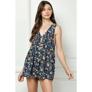 Floral Pleated V Neck Sleeveless Romper