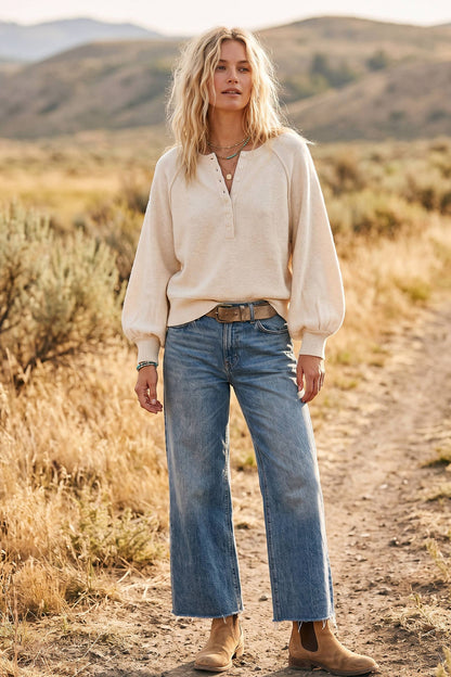 Sunday Social Henley Balloon Sleeve Sweater