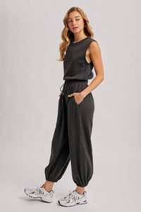 Out and About Drawstring Waist Sleeveless Knit Active Jumpsuit
