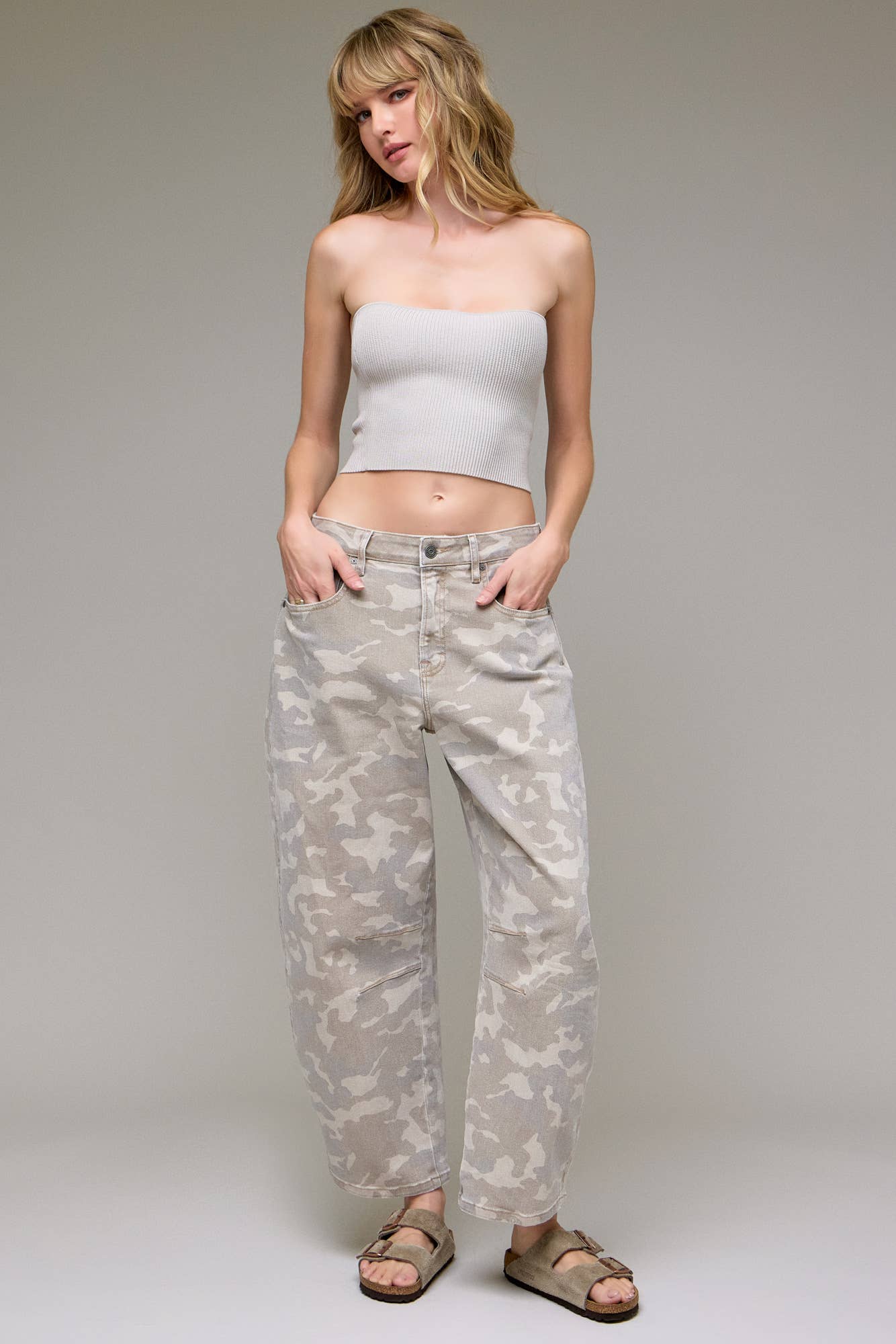 Hideout Tan Camo Cropped Barrel Jeans