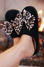 Load image into Gallery viewer, Cozy Bow Slippers- Black/Leopard