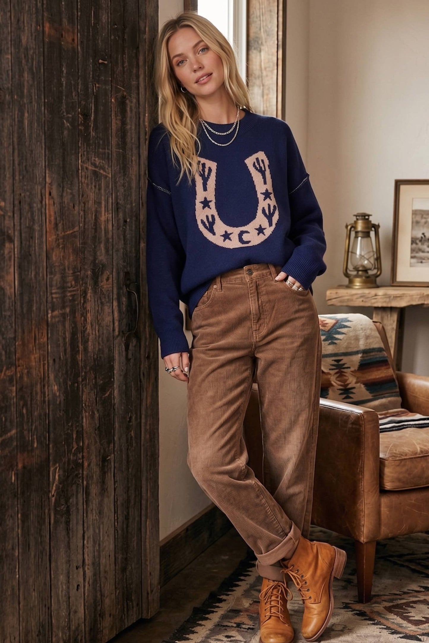 Western Horseshoe Cactus Knit Sweater