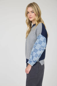 Mix & Match Checkered Denim Sleeve Knit Sweater