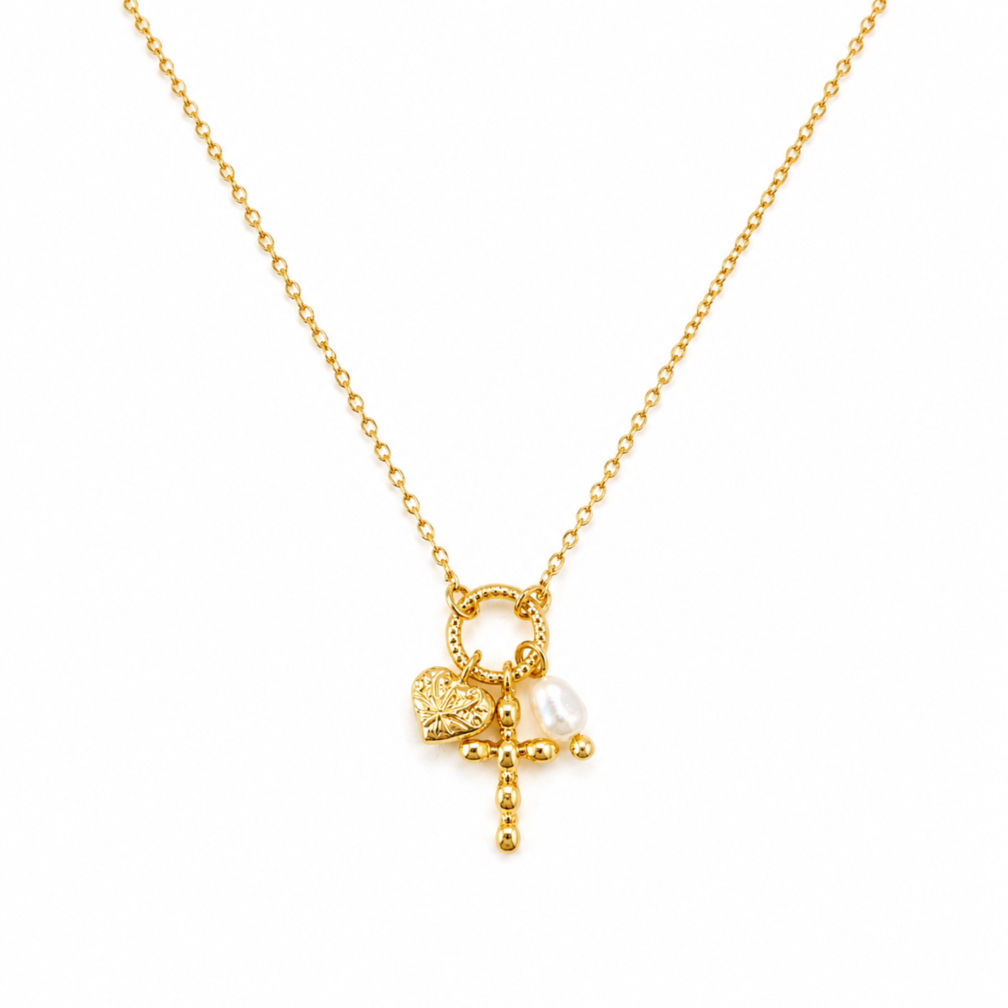 Faith & Love Charm Necklace – Gold-Tone Chain with Heart, Cross, and Pearl Charms
