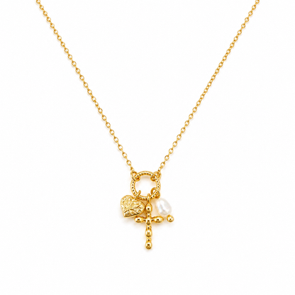Faith & Love Charm Necklace – Gold-Tone Chain with Heart, Cross, and Pearl Charms